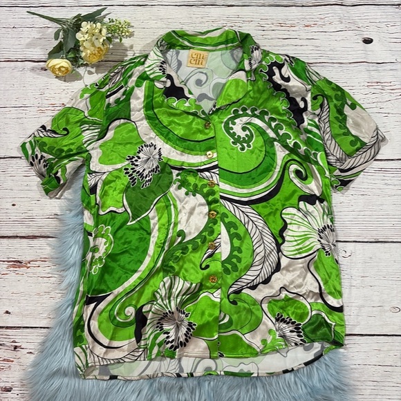 CIN CIN  Troppo Bowling Button Down Paisley Floral Shirt Fern - Picture 2 of 11